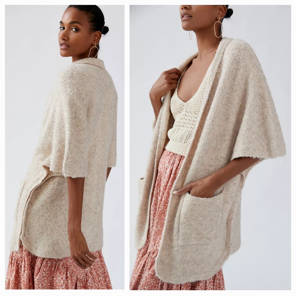 Anthropologie Boucle Cardigan One Size Cream Textured Open Front Lounge Cozy